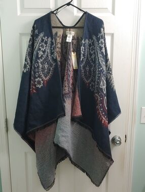 Idyllwind Western Shawl NWT Blue Paisley Floral Fringe Knit Boho Kimono OS